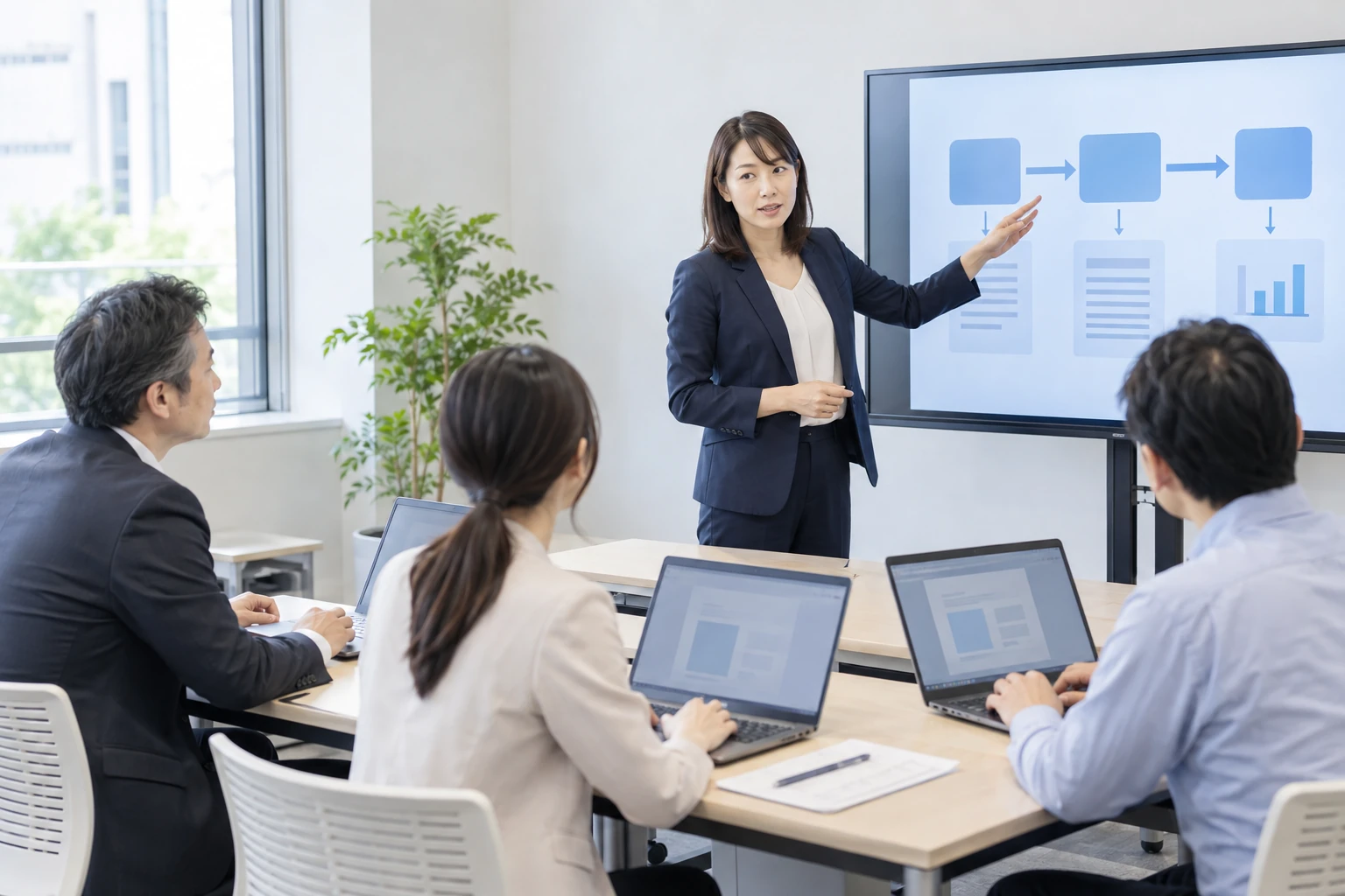 講師の説明を聞きながら、参加者が各自のパソコンでAI活用を学ぶ少人数研修のイメージ